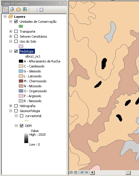 Tabela de Conteúdo Mostra quais camadas estão no mapa Mostra como as camadas são exibidas no mapa Mostra como os dados