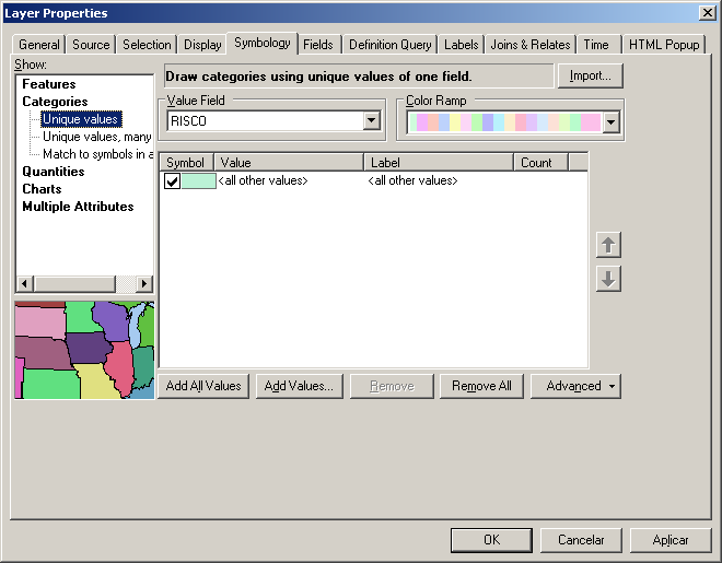 Propriedades de Exibição Mude a Simbologia da Camada Categorias podem ser desenhados usando símbolos de valores únicos Campo de valores a serem