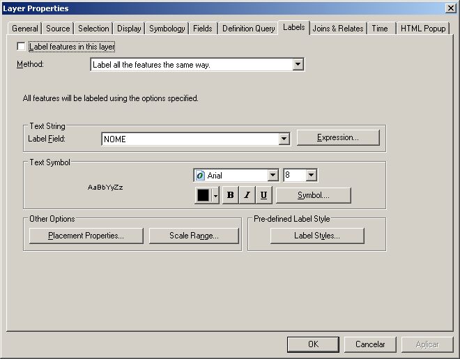 Revisão das funcionalidades do ArcGIS Classificação de camadas Camada Propriedades» Rótulos Aba Rótulos (Labels) Marcar para rotular Campo