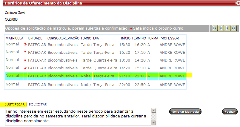 Passo 4 A interface é aberta para seleção da disciplina.