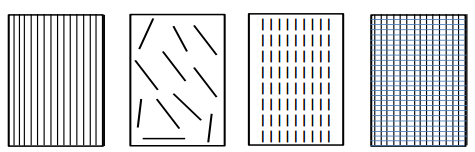 (a) (b) (c) (d) Figura 3.12: Orientação e tipos de fibras em compósitos; (a) Fibras longas alinhadas; (b) Fibras curtas aleatórias; (c) Fibras curtaas alinhadas; (d) Fibras longas em duas direções.