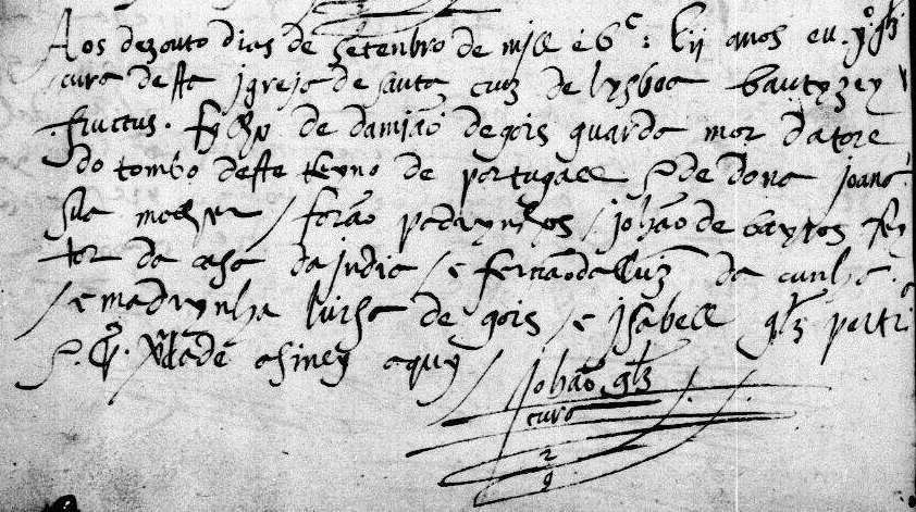 Registo de batismo de Fructus, filho de Damião de Góis 18 de setembro de 1552