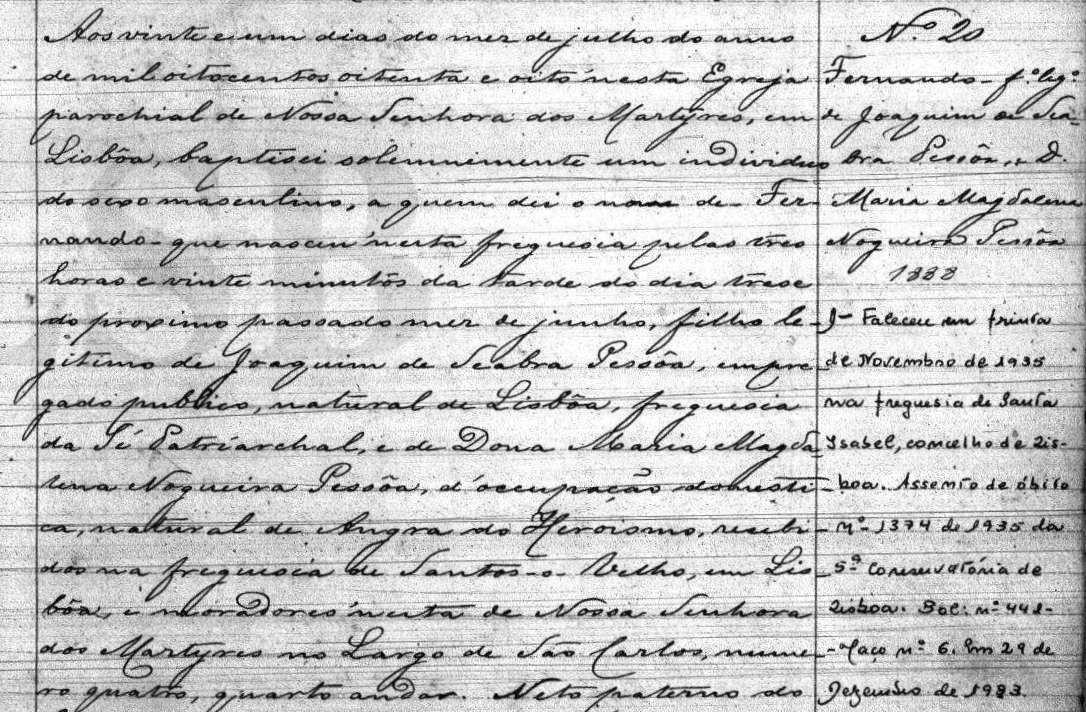 Registo de batismo de Fernando Pessoa 21 de julho de 1888 Portugal, Arquivo