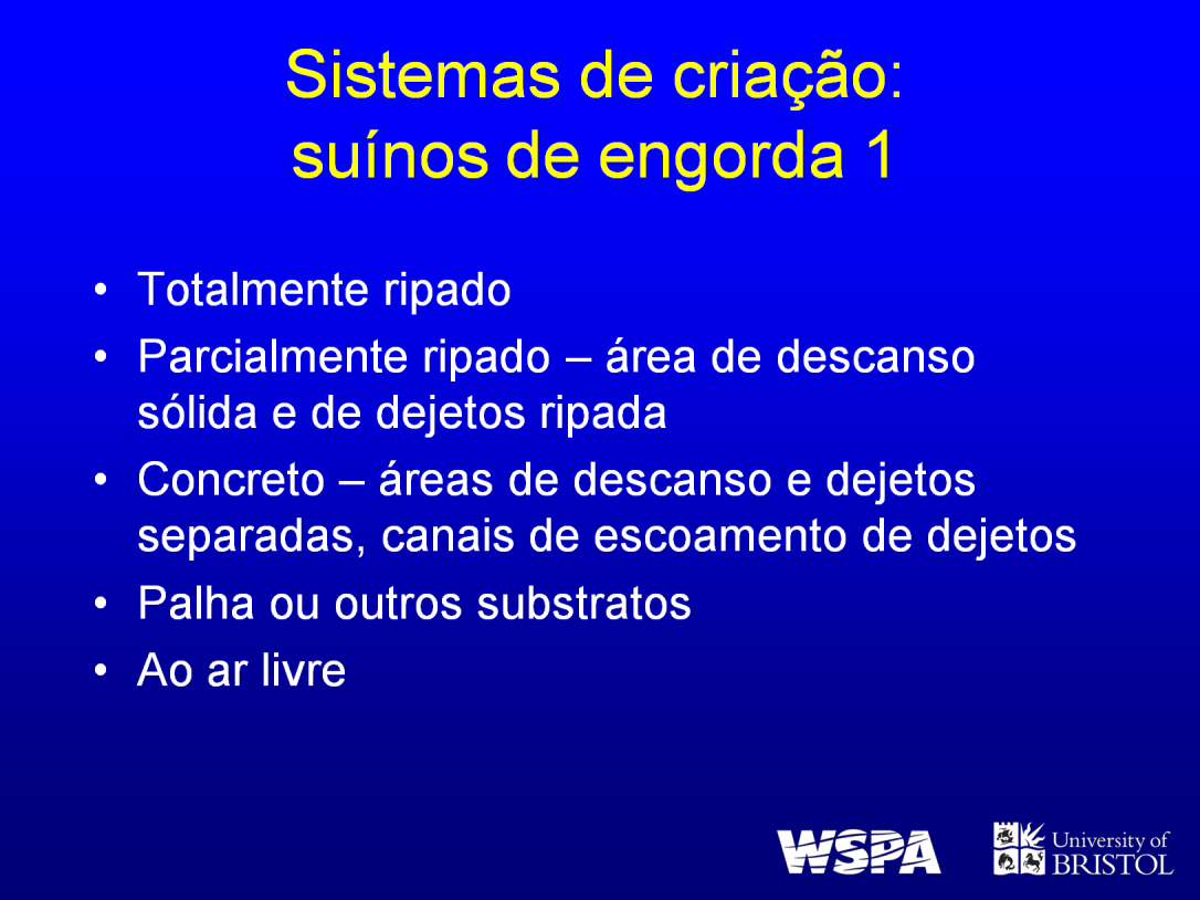 Sistemas de criação para suínos de engorda podem ter pisos totalmente ripados; parcialmente ripados com uma área sólida para descanso e uma ripada para dejetos; pisos de concreto com áreas de