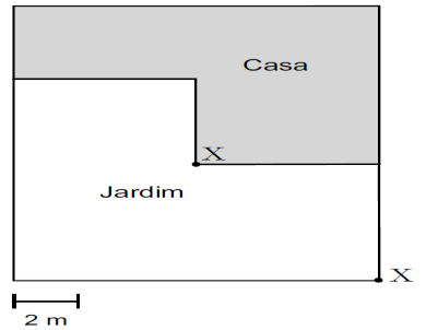 A família Coelho comprou dois aspersores de 5 m de alcance: um com «bico 90º» e um com «bico 270º»; colocou-os no jardim, nos pontos assinalados com X, de forma a regar a maior área possível.