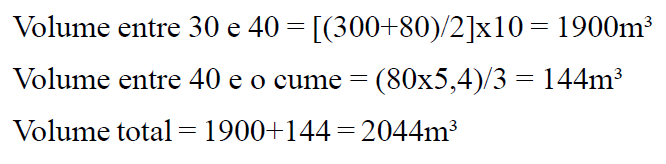 Exemplo: Calcular o volume de solo acima da cota 30m, na figura abaixo,