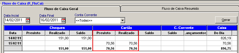 Abra o módulo Financeiro Cartão de Crédito > Relação de Contas a Receber no Cartão Selecione o período, selecione o cartão