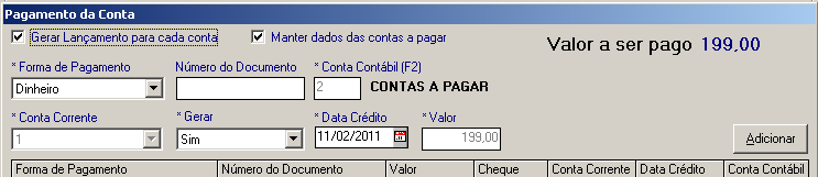 Baixa de Contas a Pagar Contas a Pagar > Baixa de Contas a Pagar Fornecedor = 4 Fornecetudo. Clique na conta que foi alterada e clique em Baixar. O sistema abrirá a tela de Pagamento de Conta.