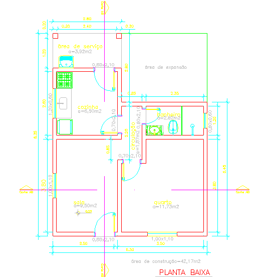 Figura 2 Planta baixo do modelo padrão da casa popular Aproveitando os entulhos da construção de edifícios, 4912 t de agregados de argamassas e seus constituintes, obtém-se um valor médio de 1466