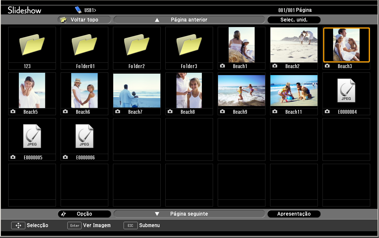 Operações Básicas da Apresentação 51 Operações Básicas da Apresentação A Apresentação permite-lhe reproduzir e projectar ficheiros de imagem guardados em câmaras digitais e dispositivos de