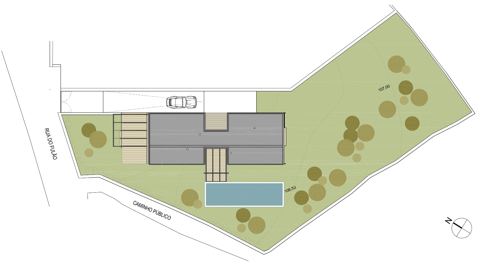 Planta de implantação com localização de piscina Parcela 1.