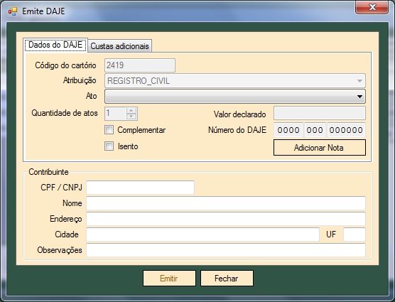 Ao emitir o DAJE, o usuário seleciona o Ato, se é Complementar ou Isento. Também pode adicionar uma Nota de acréscimo ou decréscimo, de acordo com a tabela de emolumentos vigente.