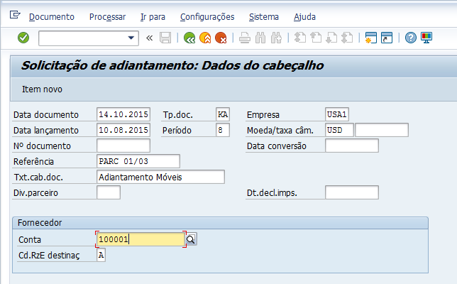 Código de transação F-47 Dicas úteis A solicitação é uma partida memo, em que não há lançamento contábil. Sua efetivação acontece quando efetuamos o pagamento ao fornecedor, tendo o adiantamento.