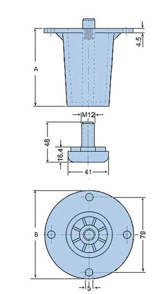 PN.643 Pés reguláveis de 120mm em poliamida(p) preta com parafuso/ porca em aço galvanizado lack polyamide(p) 120mm adjustable feet with galvanized steel