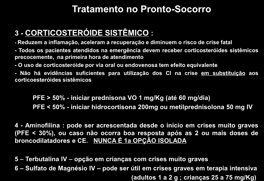 ASMA - Tratamento da Crise II Tratamento no Pronto-Socorro 3 - CORTICOSTERÓIDE SISTÊMICO : - Reduzem a inflamação, aceleram a recuperação e diminuem o risco de crise fatal - Todos os pacientes