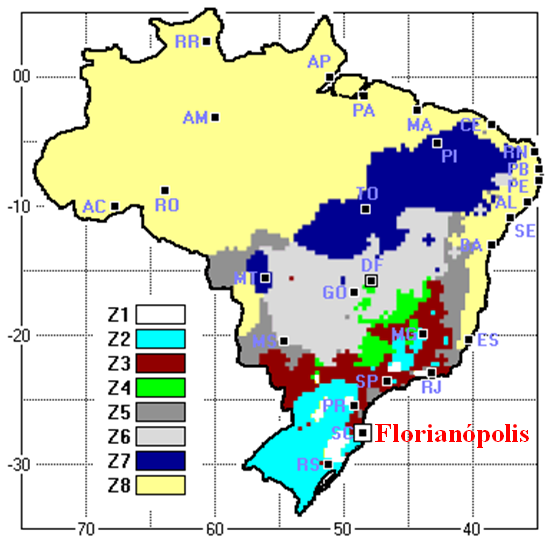 41 Área de aberturas para ventilação: médias, entre 15% e 25% da área de piso; Sombreamento das aberturas: permitir sol durante o inverno; Paredes externas: leves refletoras (transmitância térmica: U