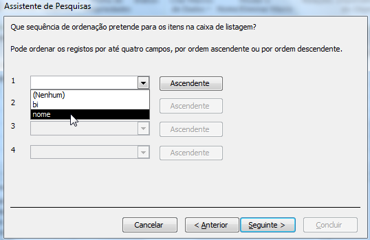 Assistentes de pesquisa nos campos Na janela seguinte podemos escolher o bi ou o nome aparecerem ordenados,