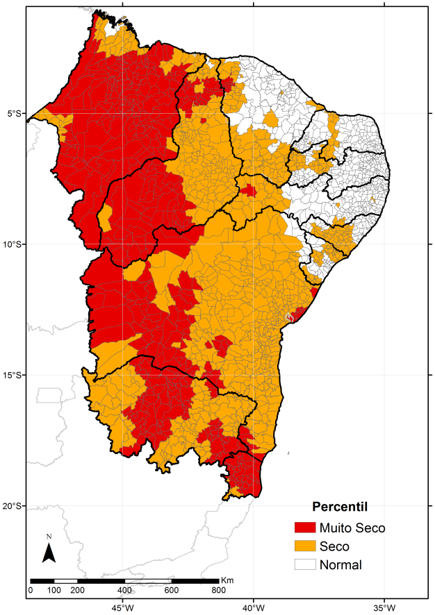 1.1.1 Avaliação dos Percentis da chuva acumulada nos últimos 90 dias O percentil é usado como forma de classificar o status de cada município segundo o montante de precipitação recebido, conforme