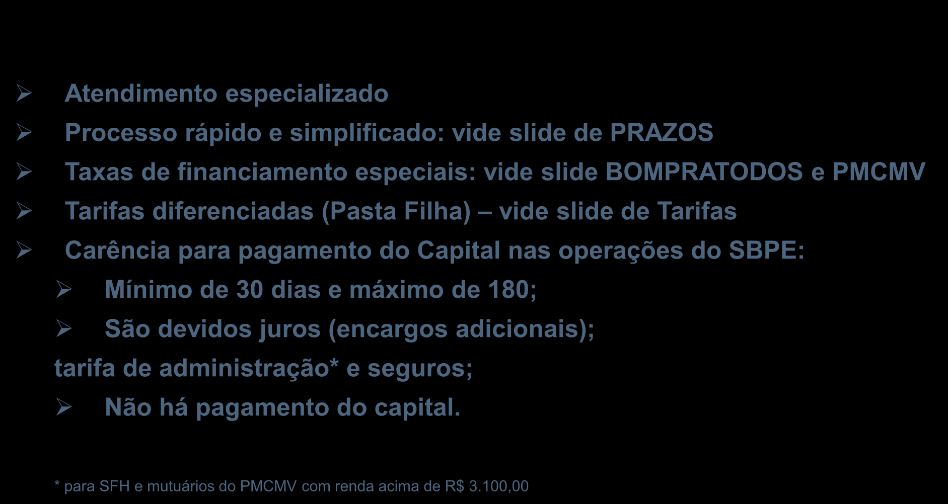 Vantagens do Plano Piloto - Comprador Atendimento especializado Processo rápido e simplificado: vide slide de PRAZOS Taxas de financiamento especiais: vide slide BOMPRATODOS e PMCMV Tarifas