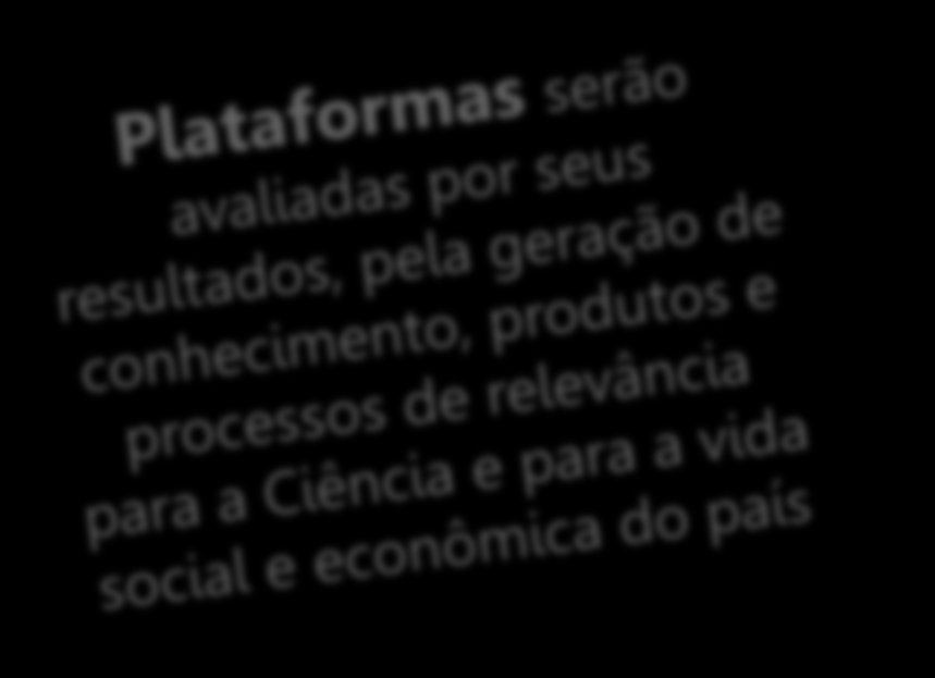 Características das Plataformas 10 anos Reunir lideranças científicas nacionais e estrangeiras para garantir gestão e cooperação Assegurar recursos e viabilizar pesquisa de fronteira Selecionar base