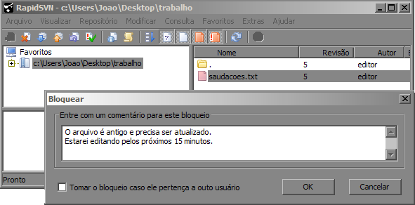 'trabalho', abri-lo, editá-lo com um editor de texto preferido e salvar. Ou ainda um duplo clique sobre o nome do arquivo na listagem do RapidSVN irá abrir o arquivo com o editor padrão.