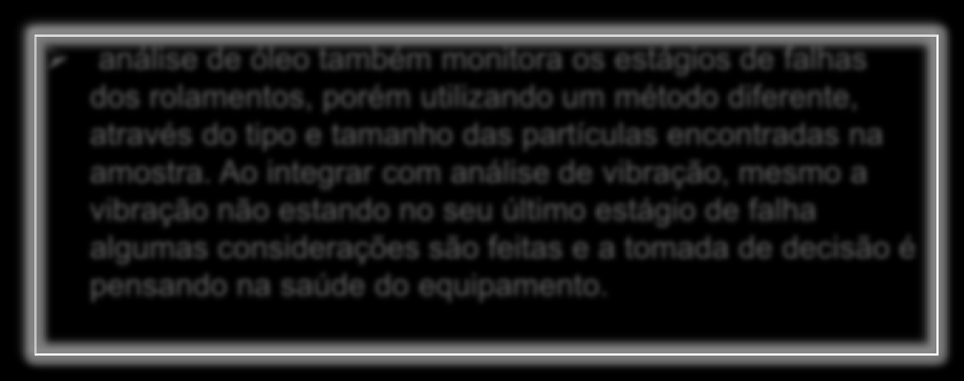 análise de óleo também monitora os estágios de falhas dos rolamentos, porém utilizando um método diferente, através do tipo e tamanho das partículas encontradas na amostra.