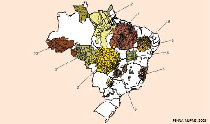000hab ANEXO 03 Os 10 primeiros clusters de casos novos de hanseníase identificados por meio do coeficiente de detecção de casos novos no período de 2005-2007, Brasil.