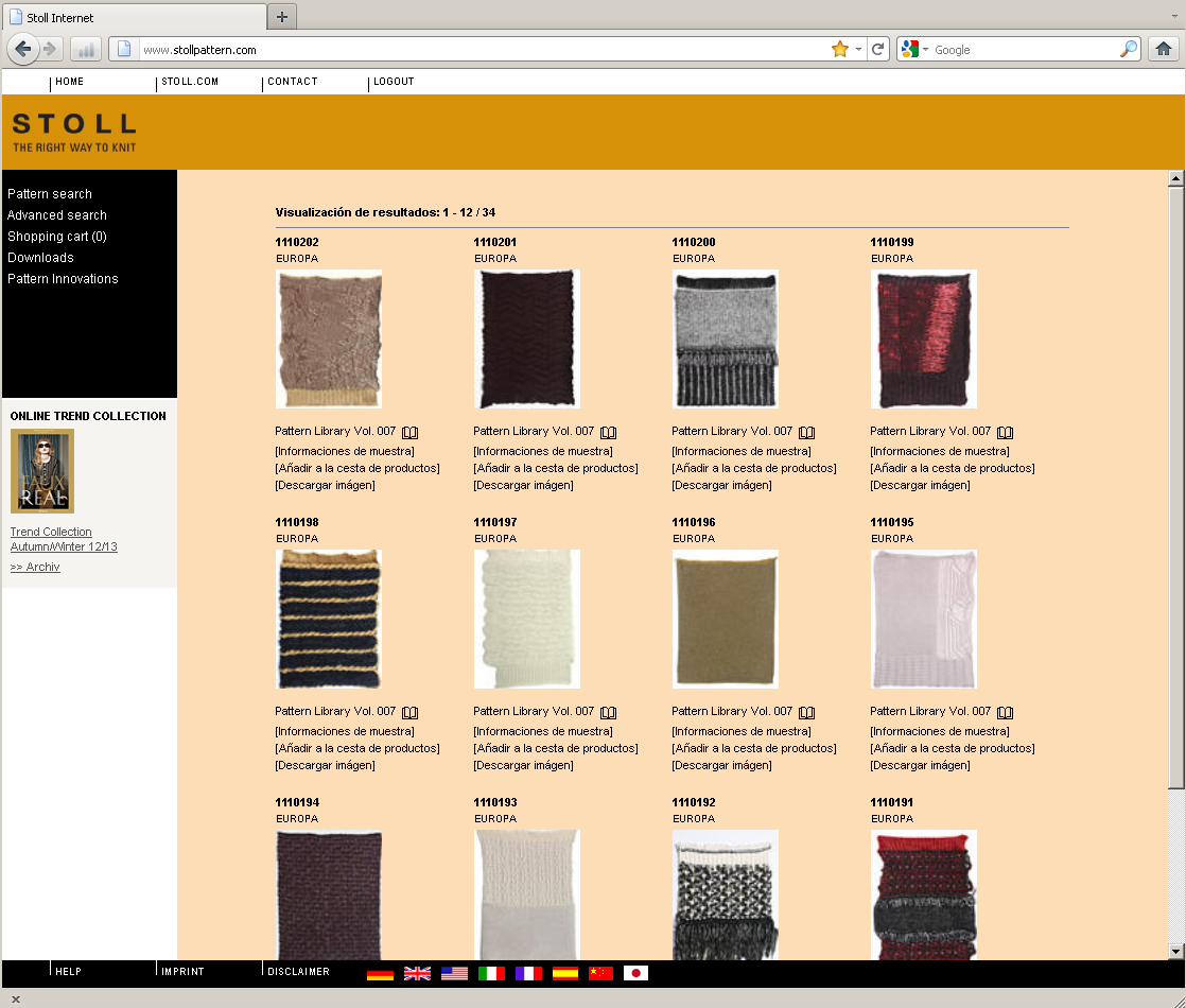 Visualizando e baixando amostras (download de amostras): Vamos procurar por nome de coleção, por exemplo: Escolha uma coleção da lista: Stoll pattern library 07 Autumn/Winter 2012/2013 Clique em