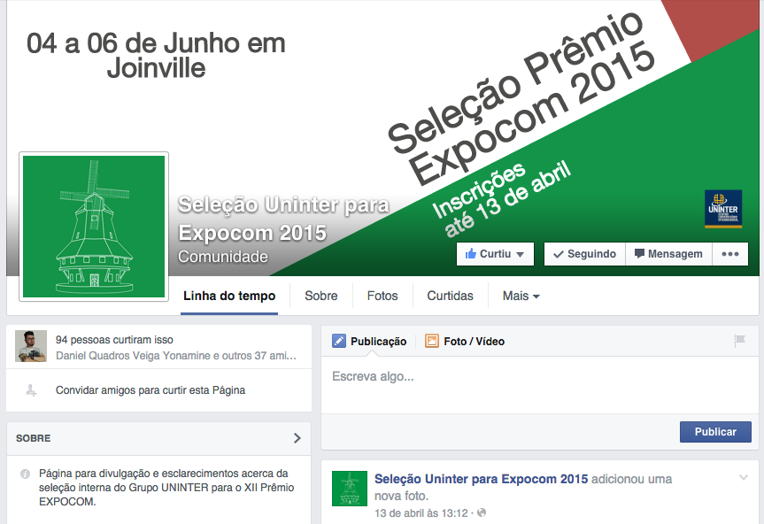 Figura 5: CARTAZ SELEÇÂO EXPOCOM 2015 Descrição: Cartaz com verde predominante, que é a cor do logo do Expocom, com o moinho de Joinville como ícone de fundo e como a cidade é colônia alemã,