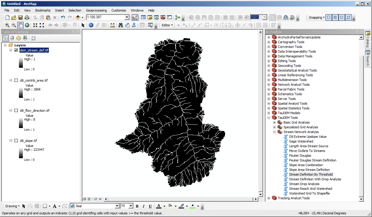 2.8. Visualização da Drenagem com TauDEM Realizamos alguns testes com as ferramentas do TauDEM e todos os algoritmos funcionaram perfeitamente.