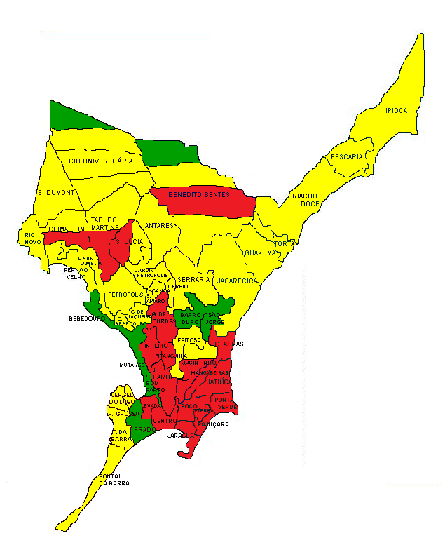 Incidência por bairro de acordo com os critérios de classificação de risco em Maceió, Alagoas 2014.