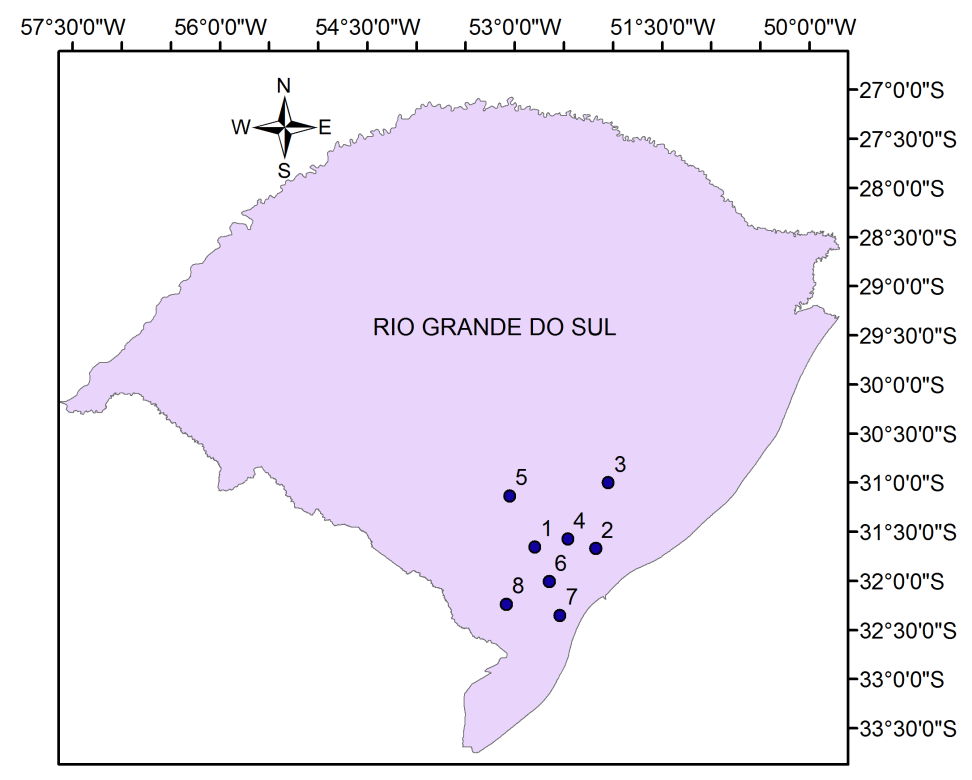 Figura 1. Localização espacial da estação Granja Cerrito (7) com relação aos postos vizinhos.