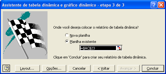 Neste momento é preciso especificar exatamente onde estão os dados da tabela dinâmica: um intervalo de células do Excel, indicando as colunas (marcadas com letras) e as linhas (marcadas com números).