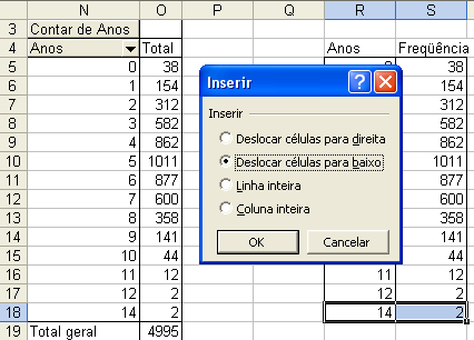 Figura 109 - Inserção de células na Tabela de Anos - 1a parte Para inserir células no Excel precisamos selecionar o local apropriado: no nosso caso, entre as células referentes aos valores 12 e 14: