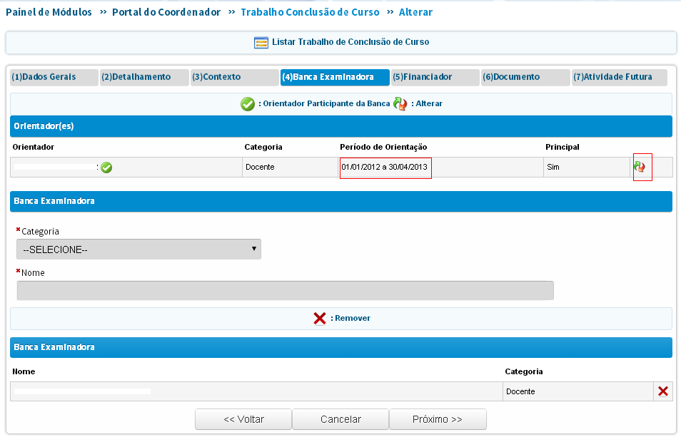 foi possível identificar a correspondência exata entre o(s) orientador(es) do Trabalho de Conclusão com o seu registro como docente do PPG, o campo Orientador foi preenchido, como padrão, com as