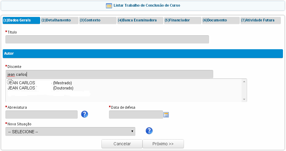 3.3 Período de Orientação do Discente para Cadastro do Trabalho de Conclusão Foram recebidas diversas solicitações de esclarecimentos sobre o erro abaixo no momento do cadastro de um trabalho de