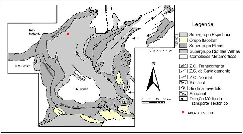 Figura 2.1: Mapa geológico simplificado do Quadrilátero Ferrífero, modificado de Alkmim & Marshak (1998).