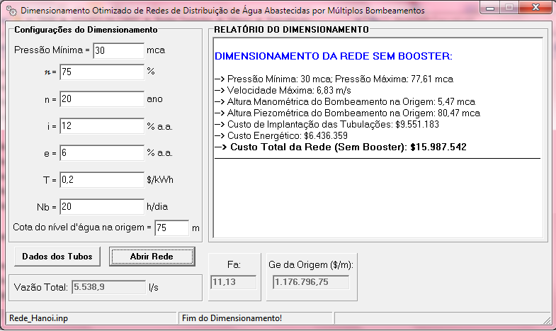 154 Figura 4.68 - Rede Hanoi dimensionada com cota de cabeceira fixa A fim de simular o funcionamento pressurizado da rede Hanoi, o nível d água na origem foi alterado de 100 m para 75 m.