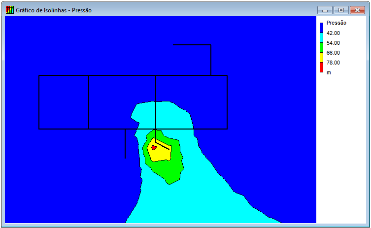 159 no gráfico de isolinhas, a rede Hanoi dimensionada com booster encontra-se, em grande parte, na primeira zona de pressão até 42 mca. Figura 4.