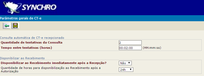 4.1. Parâmetros gerais de CT-e Através da tela de Parâmetros gerais de CT-e, o usuário poderá definir algumas regras relacionadas ao recebimento de arquivos CT-e, tais como intervalos para consulta