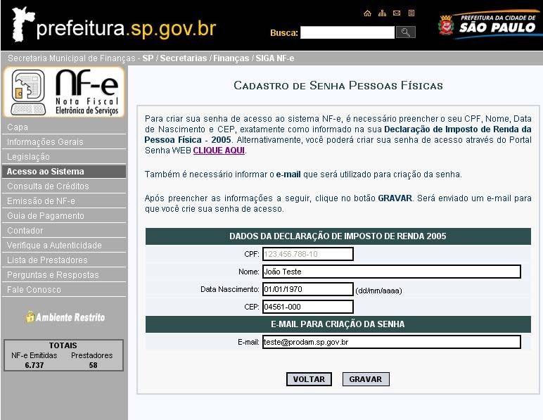 Nota Fiscal Eletrônica de Serviços NF-e Versão do Manual: 2.6 pág. 8 Clique no local indicado para continuar o cadastramento da senha.