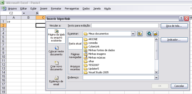 9. Clique no botão Examinar e encontre o arquivo 10. Clique no botão OK. O Hiperlink é criado na planilha. 14.2 Hiperlink para outros arquivos 1.