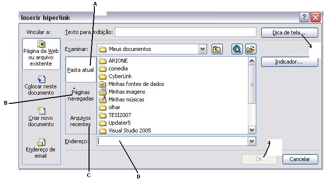 c Para selecionar um arquivo em uma lista dos arquivos que você usou recentemente, clique em Arquivos recentes e, em seguida, clique no arquivo ao qual deseja vincular o hiperlink.