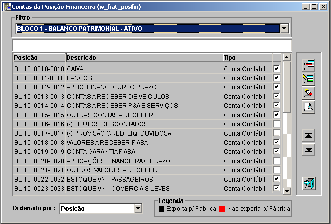 3.3 Configurando contas: Acesse o Menu Posição Financeira Plano de Contas O sistema já vem pré cadastrado todas as contas do Bloco conforme o layout disponibilizado pela FIAT.