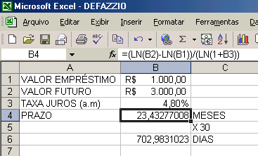 EXEMPLO Necessito da taxa de juros aplicada na operação financeira. Lembre-se de formatar as células B1 e B4 como moeda, B2 e B3 como data, e B5 como percentual.