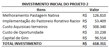 rotativo racional e melhoria da pastagem nativa da propriedade. Além disso, para manutenção da atividade será necessário nesse primeiro ano, um capital de giro compatível.