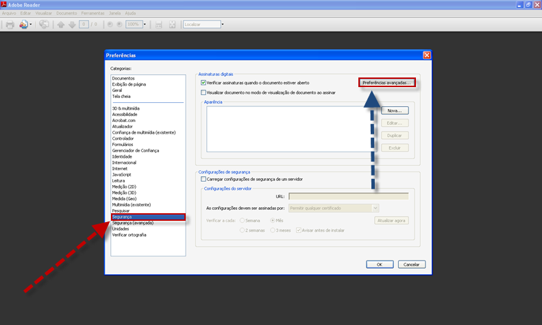 » Validating Certified Documents;» Clique em OK para confirmar as novas configurações; Nota: Poderá ser necessário reiniciar o PC para o Acrobat Reader reconhecer as assinaturas.