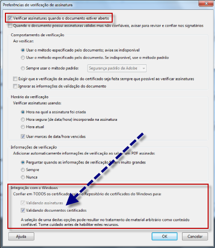 » No separador Integração com o Windows, ative todas as opções:» Validando assinaturas;» Validando documentos Certificados;» Clique em OK para confirmar as novas configurações; Nota: Poderá ser