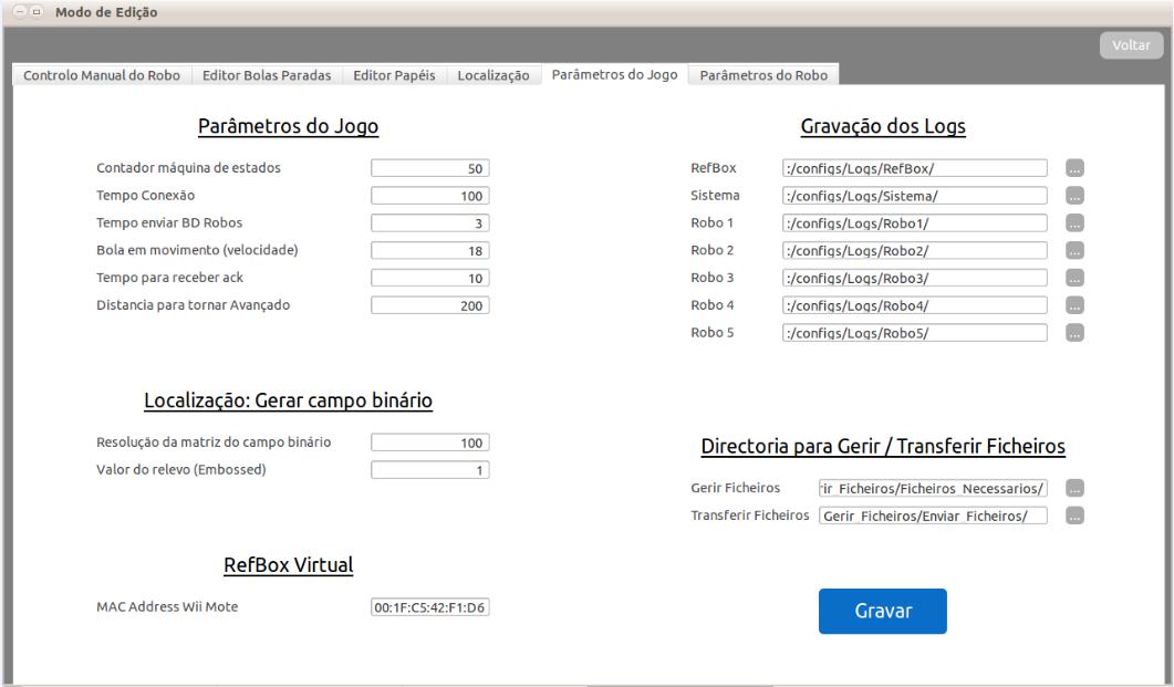 2.5. PARÂMETROS DO JOGO A funcionalidade Parâmetros do Jogo permite alterar o valor de vários parâmetros, necessários durante a realização de jogos e na execução de outras