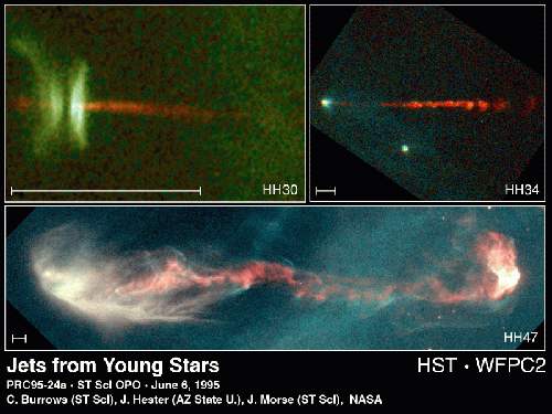 A imagem abaixo mostra três objetos Herbig-Haro. Na parte superior esquerda vemos o objeto protoestelar chamado Herbig-Haro 30, ou HH30.